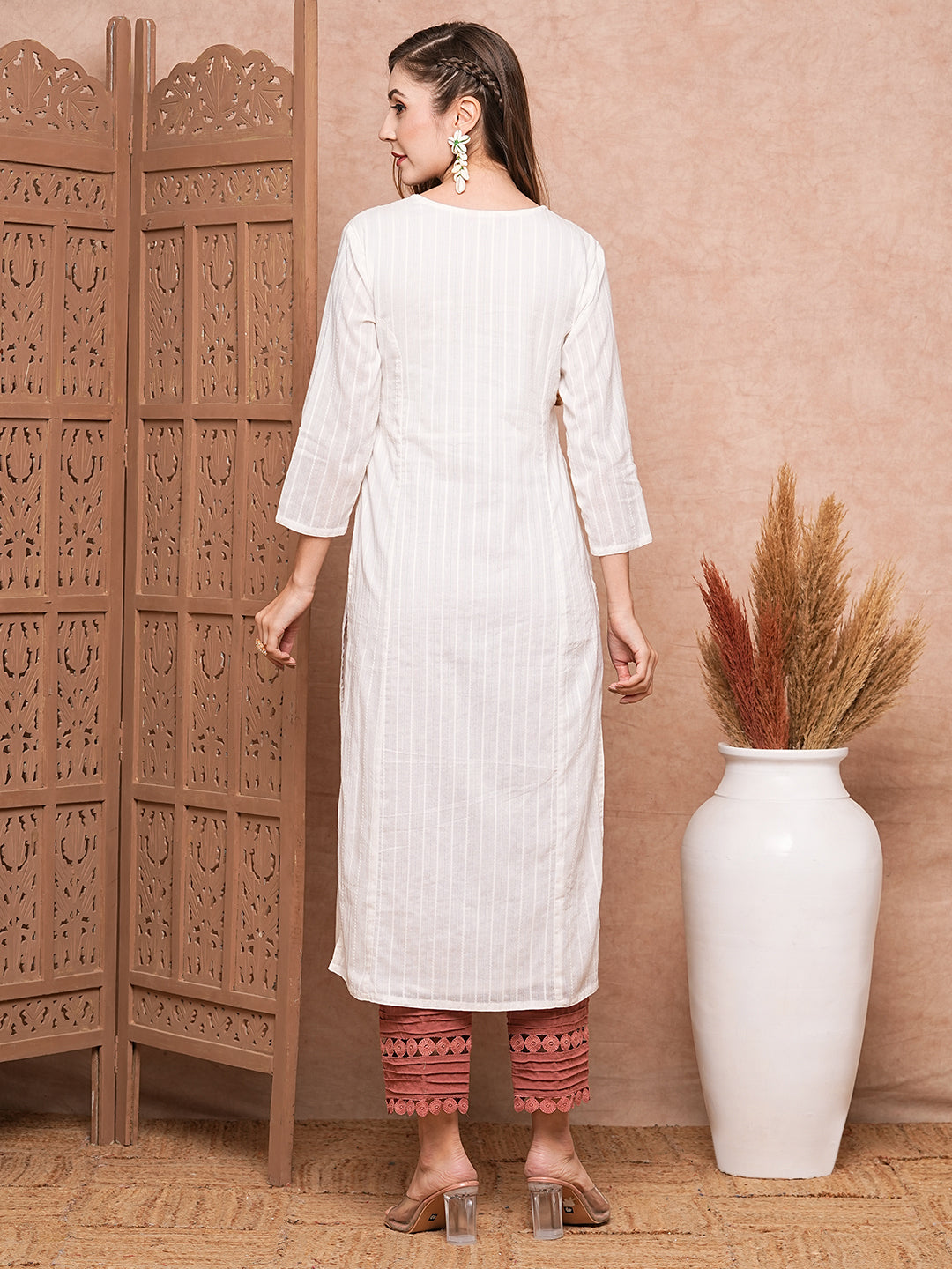 Floral Applique Embroidered Woven Striped Straight Fit Kurta - White