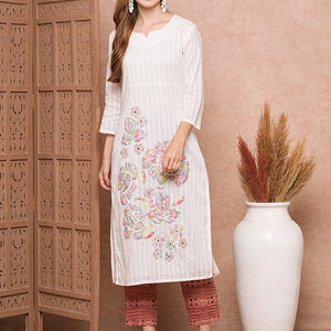 Floral Applique Embroidered Woven Striped Straight Fit Kurta - White
