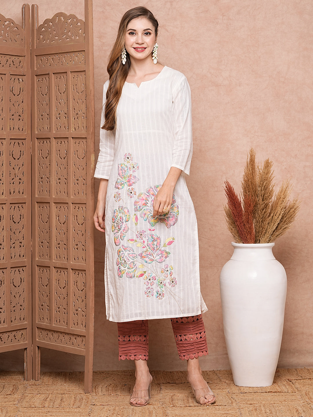 Floral Applique Embroidered Woven Striped Straight Fit Kurta - White