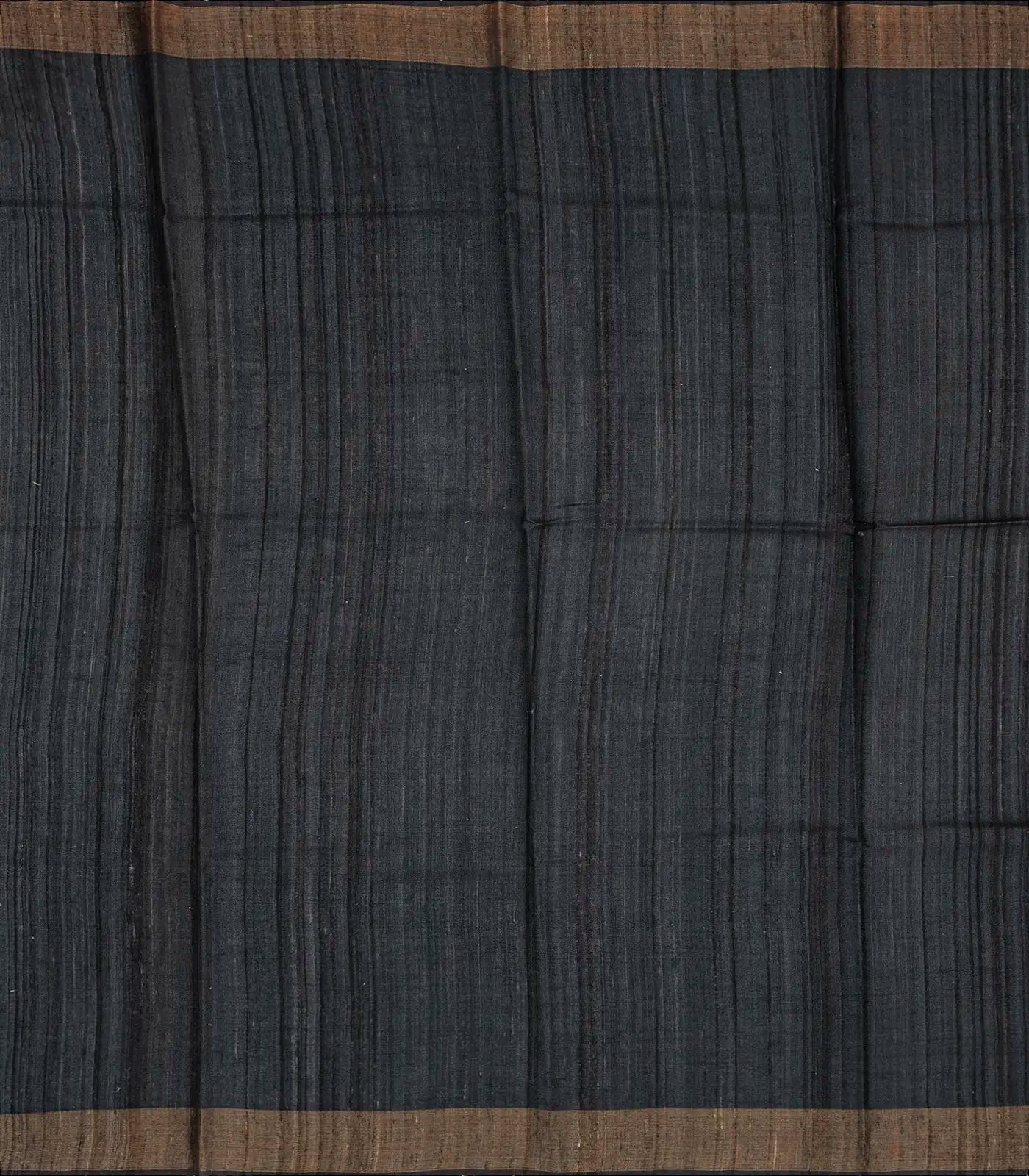 Black Handloom Tussar Silk Saree Printed With Stripe Motifs & Zari Border