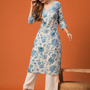 Floral Printed Mirror, Resham & Zari Embroidered Kurta - White & Blue
