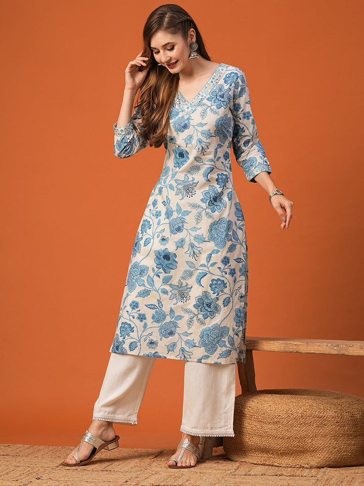 Floral Printed Mirror, Resham & Zari Embroidered Kurta - White & Blue