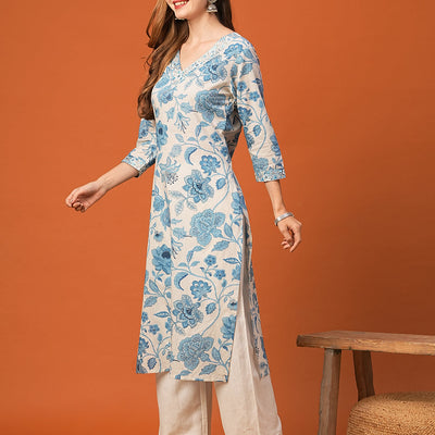 Floral Printed Mirror, Resham & Zari Embroidered Kurta - White & Blue