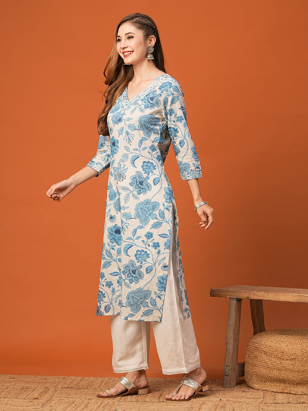 Floral Printed Mirror, Resham & Zari Embroidered Kurta - White & Blue