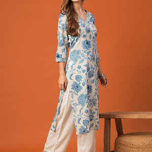 Floral Printed Mirror, Resham & Zari Embroidered Kurta - White & Blue
