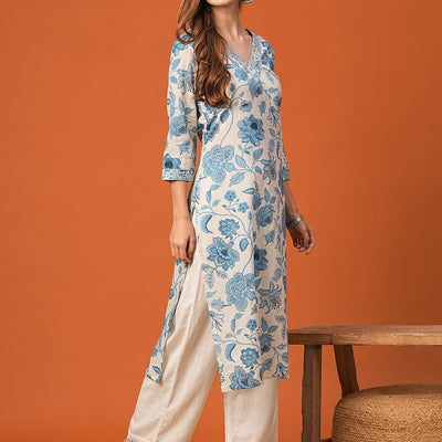 Floral Printed Mirror, Resham & Zari Embroidered Kurta - White & Blue