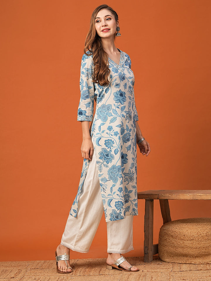 Floral Printed Mirror, Resham & Zari Embroidered Kurta - White & Blue