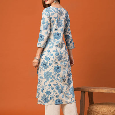 Floral Printed Mirror, Resham & Zari Embroidered Kurta - White & Blue