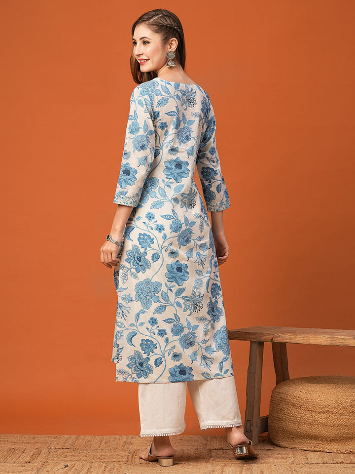 Floral Printed Mirror, Resham & Zari Embroidered Kurta - White & Blue