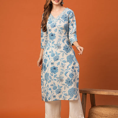 Floral Printed Mirror, Resham & Zari Embroidered Kurta - White & Blue