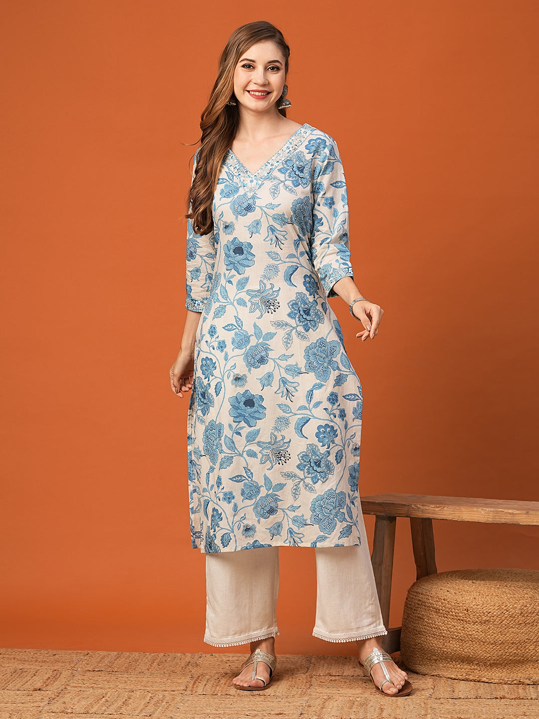 Floral Printed Mirror, Resham & Zari Embroidered Kurta - White & Blue