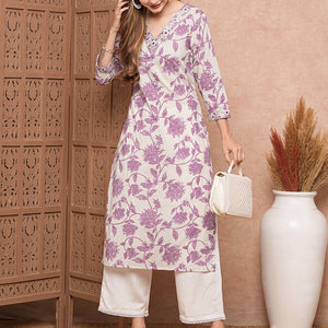 Floral Printed Mirror, Resham & Zari Embroidered Kurta - White & Purple