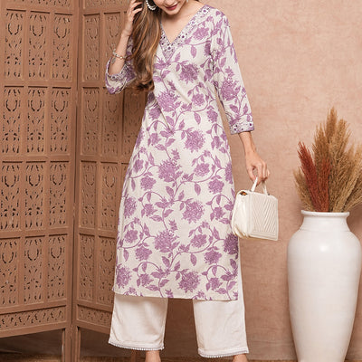 Floral Printed Mirror, Resham & Zari Embroidered Kurta - White & Purple