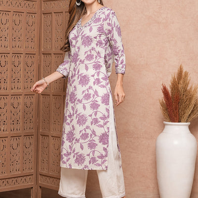 Floral Printed Mirror, Resham & Zari Embroidered Kurta - White & Purple