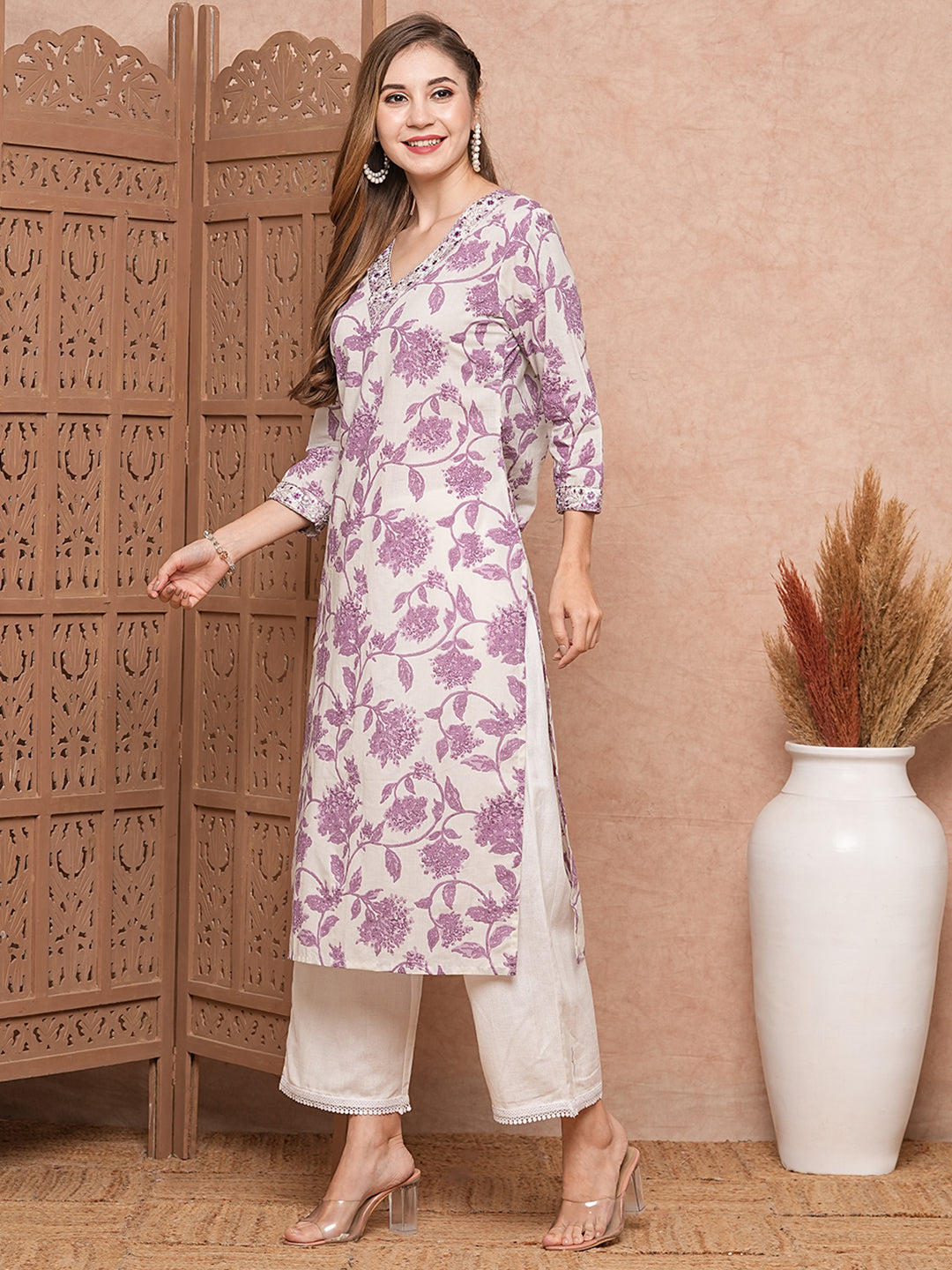 Floral Printed Mirror, Resham & Zari Embroidered Kurta - White & Purple