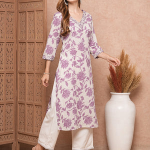 Floral Printed Mirror, Resham & Zari Embroidered Kurta - White & Purple