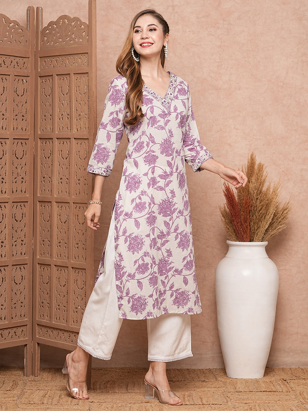 Floral Printed Mirror, Resham & Zari Embroidered Kurta - White & Purple