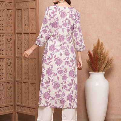 Floral Printed Mirror, Resham & Zari Embroidered Kurta - White & Purple