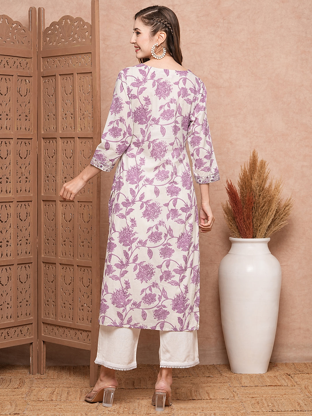 Floral Printed Mirror, Resham & Zari Embroidered Kurta - White & Purple