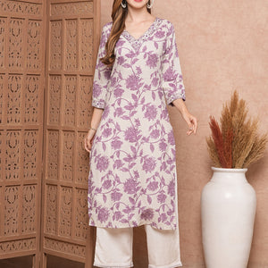 Floral Printed Mirror, Resham & Zari Embroidered Kurta - White & Purple