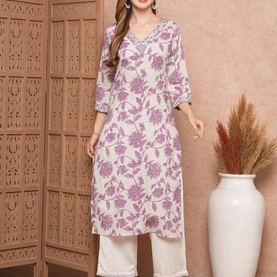 Floral Printed Mirror, Resham & Zari Embroidered Kurta - White & Purple