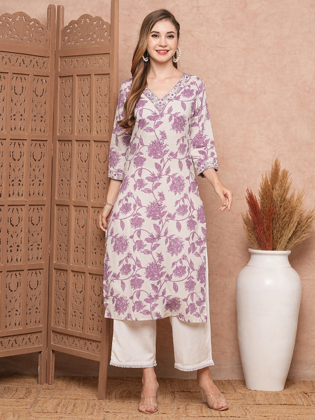 Floral Printed Mirror, Resham & Zari Embroidered Kurta - White & Purple