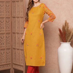 Floral Hand Sequin Embroidered Straight Fit Kurta - Mustard