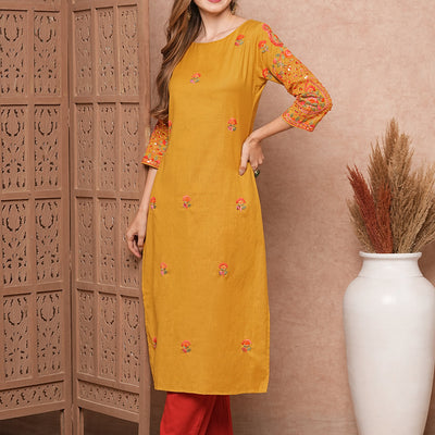 Floral Hand Sequin Embroidered Straight Fit Kurta - Mustard