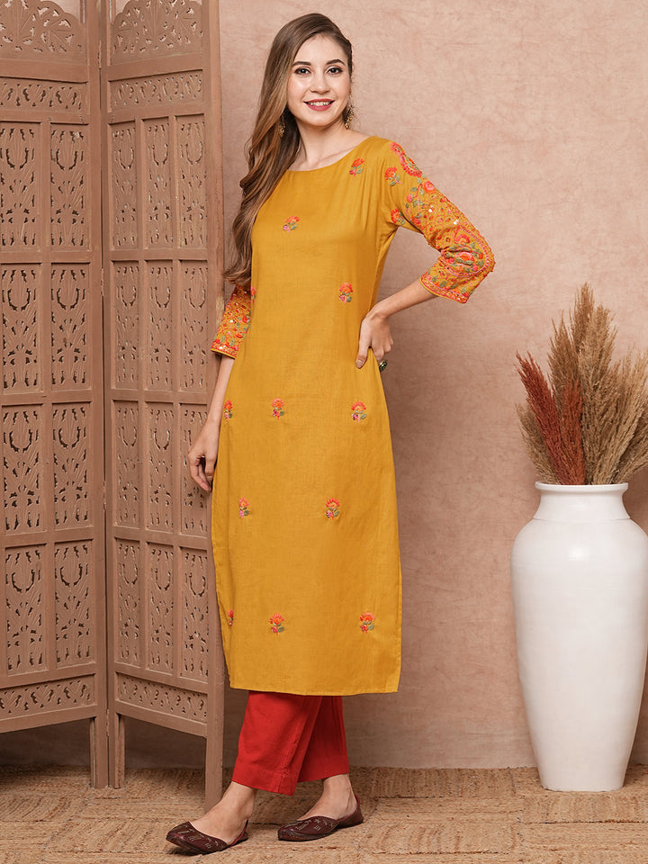 Floral Hand Sequin Embroidered Straight Fit Kurta - Mustard