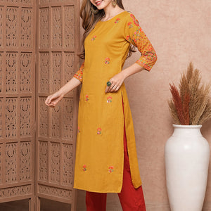 Floral Hand Sequin Embroidered Straight Fit Kurta - Mustard