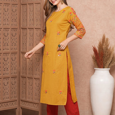 Floral Hand Sequin Embroidered Straight Fit Kurta - Mustard