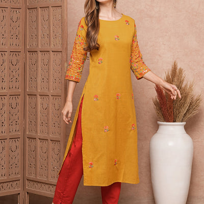 Floral Hand Sequin Embroidered Straight Fit Kurta - Mustard