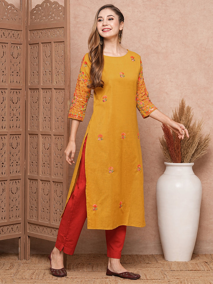 Floral Hand Sequin Embroidered Straight Fit Kurta - Mustard