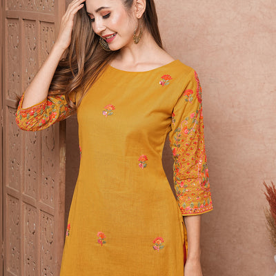 Floral Hand Sequin Embroidered Straight Fit Kurta - Mustard