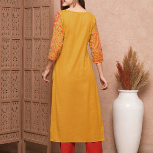 Floral Hand Sequin Embroidered Straight Fit Kurta - Mustard