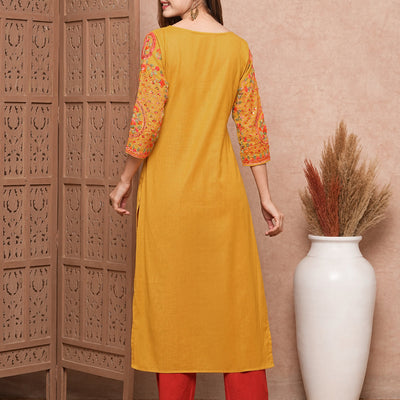 Floral Hand Sequin Embroidered Straight Fit Kurta - Mustard