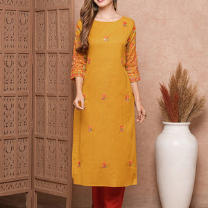 Floral Hand Sequin Embroidered Straight Fit Kurta - Mustard