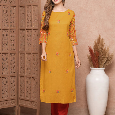 Floral Hand Sequin Embroidered Straight Fit Kurta - Mustard