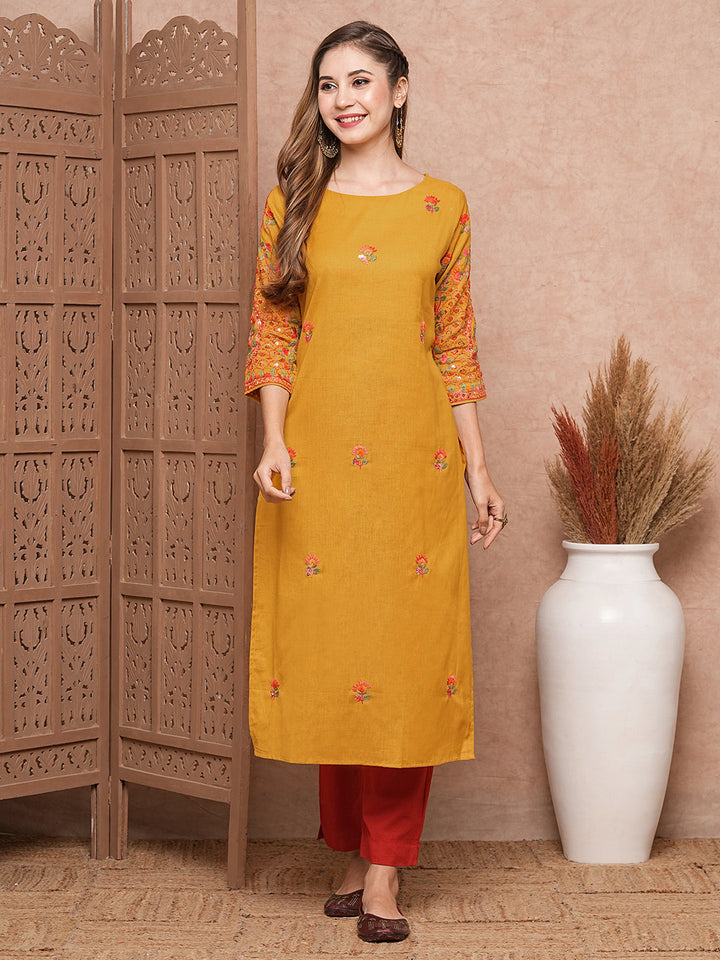 Floral Hand Sequin Embroidered Straight Fit Kurta - Mustard