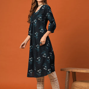 Floral Printed Wooden Buttoned Pleated Kurta - Blue