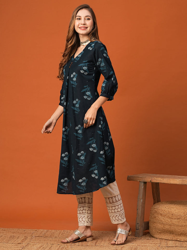 Floral Printed Wooden Buttoned Pleated Kurta - Blue