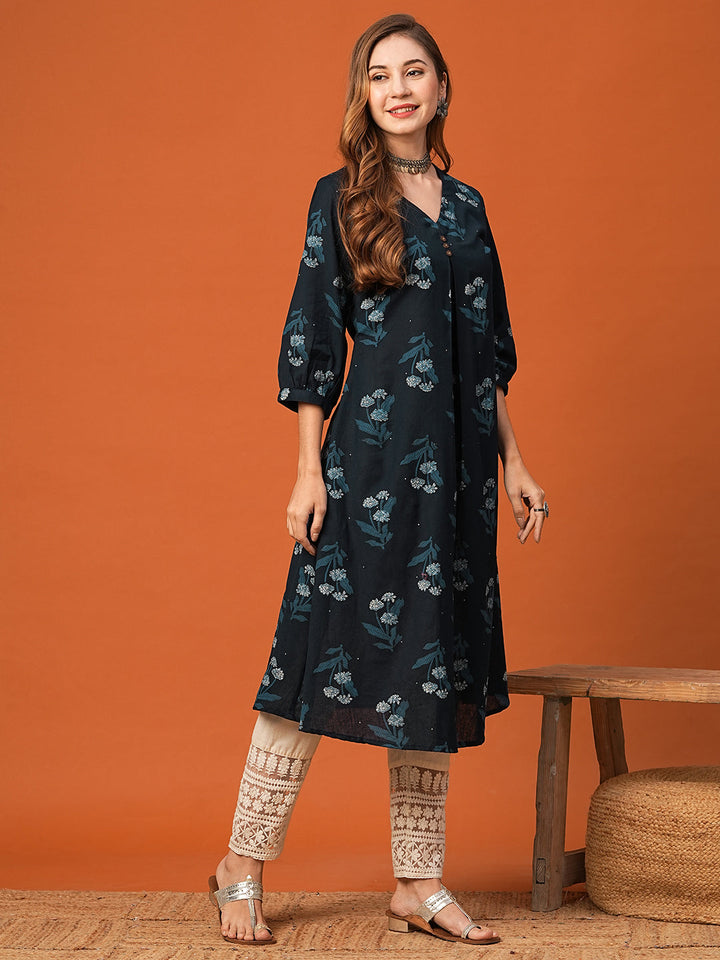 Floral Printed Wooden Buttoned Pleated Kurta - Blue