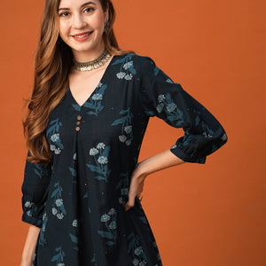 Floral Printed Wooden Buttoned Pleated Kurta - Blue