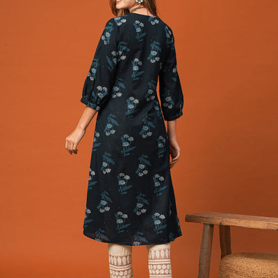 Floral Printed Wooden Buttoned Pleated Kurta - Blue