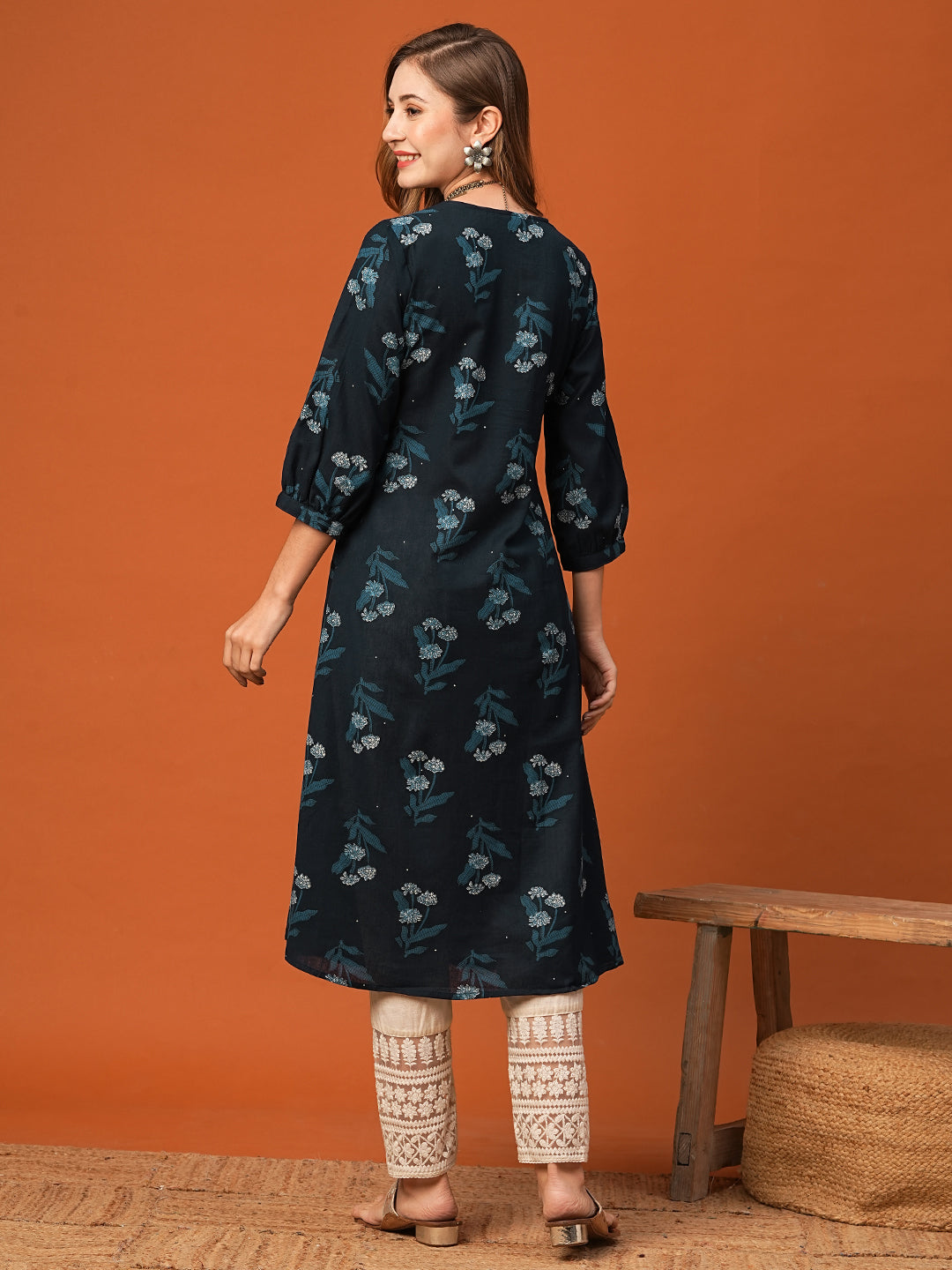 Floral Printed Wooden Buttoned Pleated Kurta - Blue