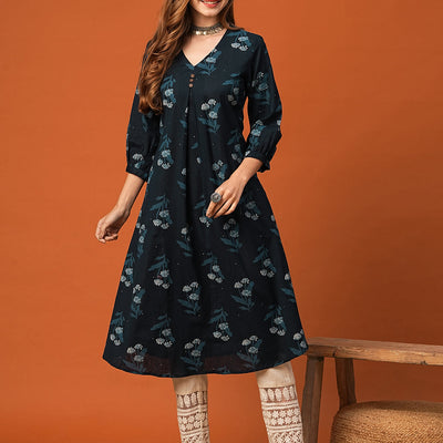 Floral Printed Wooden Buttoned Pleated Kurta - Blue