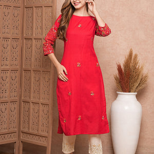 Floral Hand Sequin Embroidered Straight Fit Kurta - Red