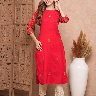 Floral Hand Sequin Embroidered Straight Fit Kurta - Red