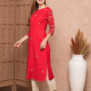 Floral Hand Sequin Embroidered Straight Fit Kurta - Red