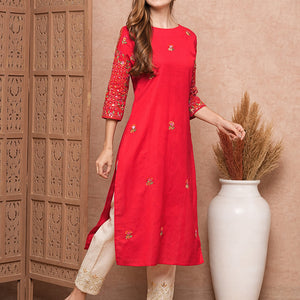 Floral Hand Sequin Embroidered Straight Fit Kurta - Red